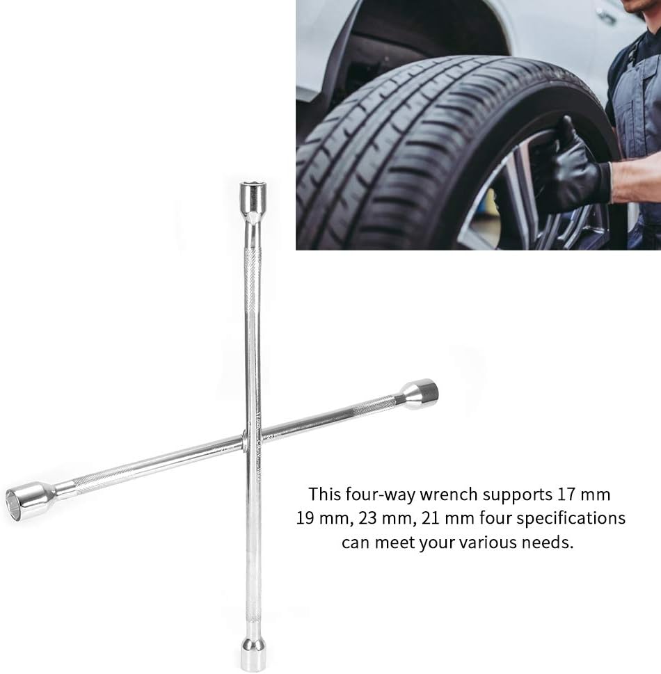 4-Way Wheel Lug Wrench - Universal Tire Removal Tool with 17mm, 19mm, 21mm, 23mm Sockets - Heavy-Duty Spanner for Auto Repair