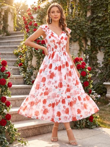 Image of GRACE KARIN Women's Summer Floral Maxi Dress 2026 Ruffle Sleeve Smocked Sundress Flowy Wedding Guest Long Dresses with Pocket