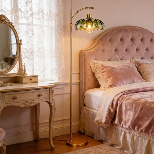 YZSJ Lámpara De Pie Vintage Con Pantalla De Cristal Verde En Forma De Flor Estructura De Metal Dorado Para Sala Dormitorio Y Comedor Diseño Retro Elegante Y Funcional Para Ambiental Interior
