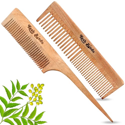 Image of Handmade Kacchi Neem Wooden Comb For Men & Women Detangling, Frizz Control & Shine, Suited For All Hair Diffrent Type of Kangi Combo Pack 2pis (Tel + Dual Tooth)