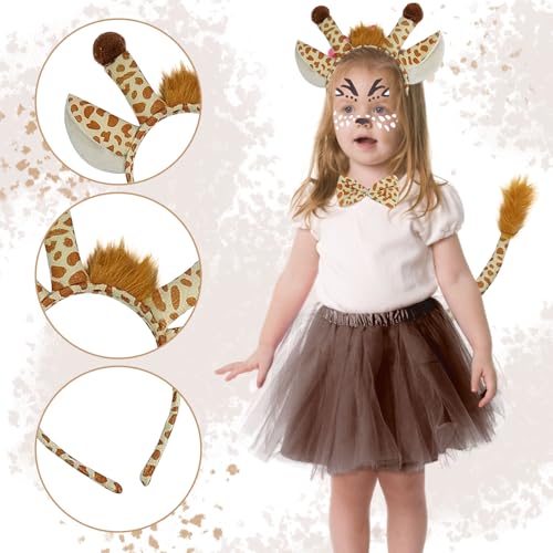 SAIIURV 5 Stück Kostüm Giraffen für Kinder Tierkostüm mit Giraffe Ohren Haarreif Fliege Schwanz Gesichtstattoo Mädchen Tutu, Tierohren Stirnband Halloween Fasching Karneval Fasching Party (Deer)