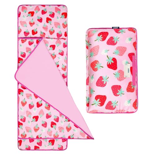 Image of Wildkin Kids Velour Nap Mat for Girls - Soft & Cozy Toddler Sleep Mat with Built-in Blanket for Daycare, Preschool, Kindergarten & Travel, Ages 3-7, Machine Washable - Strawberry