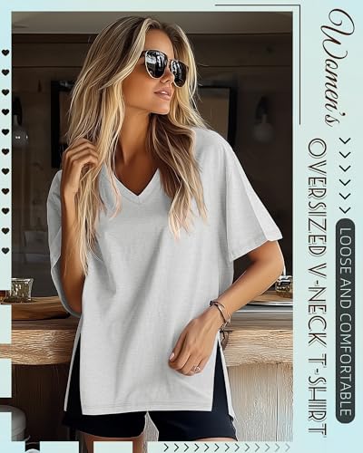 Huukeay 3 Pack Oversized Shirts for Women V Neck Workout T Shirt Casual Side Split Tee Short Sleeve Loose Tops Tunic Tops2
