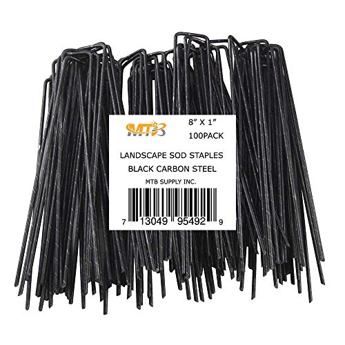 MTB 100 grapas de césped de 8 pulgadas de largo x 1 pulgadas de ancho, 11GA (0.12 pulgadas), acero al carbono negro, estacas de red, estacas de jardín, estacas para cubierta de paisaje (también se