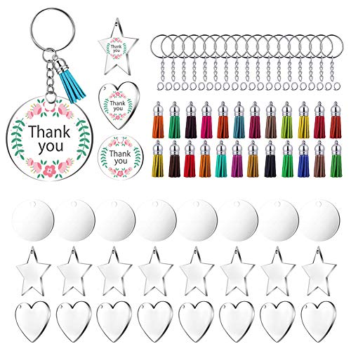 Keyzone 72 Pieces Acrylic Transparent Discs, Assorted Clear Acrylic Keychain Blanks Charms and Tassel Pendants, Keyring with Chain for DIY Crafts JewelryMaking (72)