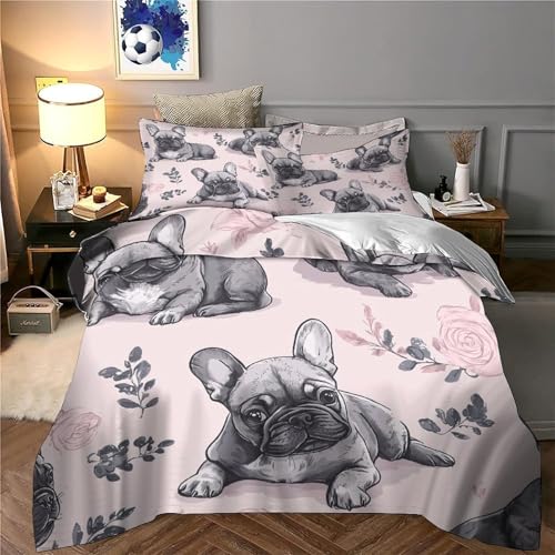 Housse de Couette Bouledogue Français Parure Sans Repassage Lit Simple Facile à Laver