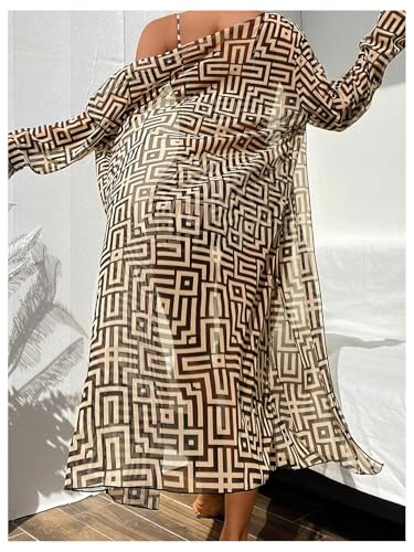 WDIRARA Women's 3 Pieces Bikini Set Geo Print Bathing Suit Drawstring Swimsuit with Cover Ups Kimono4