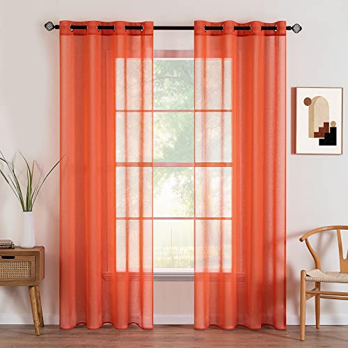 MIULEE Vorhang mit Ösen Sheer Voile Transparente Gardine aus Voile Polyester Ösenschal Transparent Wohnzimmer Luftig Dekoschal für Schlafzimmer 2er Set 140 X 225 cm (B x H), Grommet Top Orange