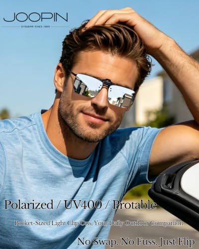 Image of Joopin 2 Pack Rectangle Clip on Flip up Sunglasses Polarized UV Protection | 2 Pcs, TAC lens, Metal Clips, Rubber Bars, Women, Men, rectangular, Frameless, Clamped onto the glasses, Driving, Fishing