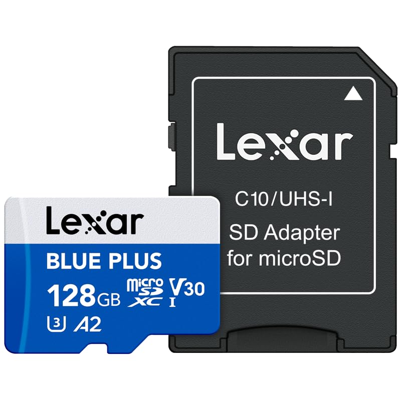 Image of Lexar Blue Plus 128GB MicroSD Memory Card UHS-I with SD adapter, up to 170MB /s read C10 / A2 / U3 / V30 microSDXC