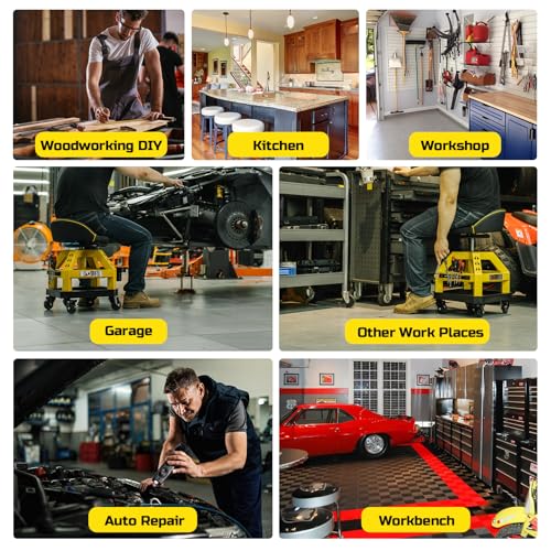 Image of Rolling Shop Stool for Garage with Casters, DO02-Adjustable Height 360 Swivel Shop Seat with Tool Tray Storage, 330 LBS Capacity Padded Mechanic Stool, Magnetic Tool Hold, Heavy Duty,Yellow