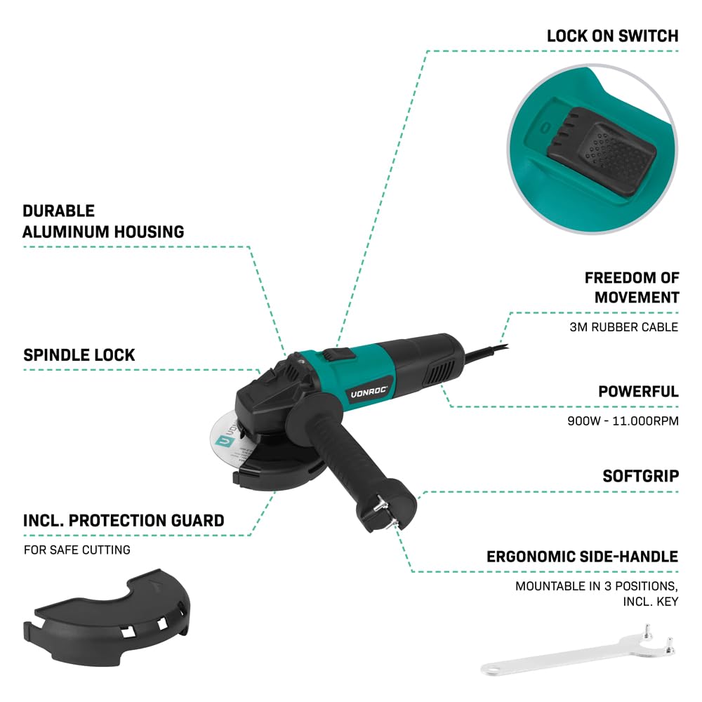 VONROC Smerigliatrice Angolare 900W – Ø125mm | 11.000 giri/min | Avvio Soft Start | Impugnatura Laterale 3 Posizioni | Cavo 3m | Protezione Inclusa | Per Metallo, Pietra, Piastrelle