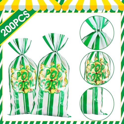 Image of 200 Pcs Popcorn Bags Bulk Movie Night Pop Corn Plastic Bags for Popcorn Machine Pop Corn Snack Containers with Twist Ties for Carnival Graduation Party Supplies (Fresh,Green)