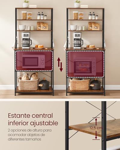 Miniatura 8 de Vasagle Estantería De Cocina Con Enchufes, Estantería De Pie Para Cocina, Estantería Para Microondas, 6 Estantes Y 6 Ganchos, Marco De Acero, 40 X 60 X 167 Cm, Marrón Rústico Y Negro Tinta Kks124k01