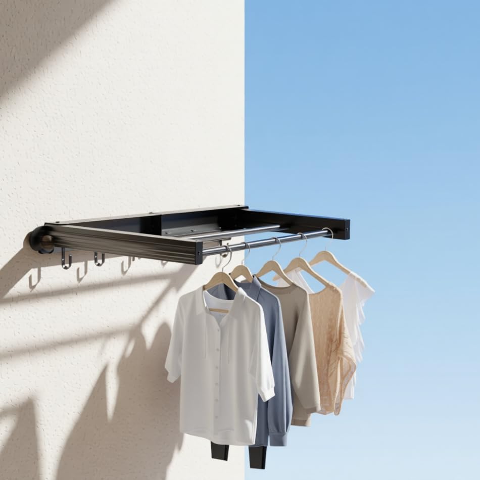 Image of HASTHIP Folding Clothes Drying Stand Wall Mounted - 30.8x70cm Dual Row Foldable Clothes Drying Rack with 6 Hooks Cloth Stands for Dry Cloth Foldable Hanger Suitable for Bathroom or Balcony Use