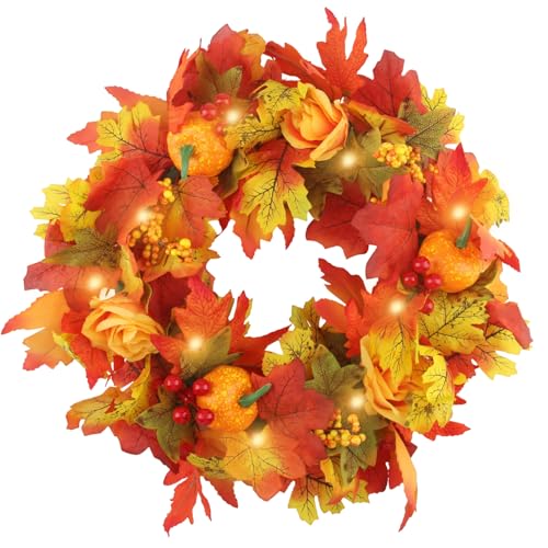 XIAQICA Türkranz Herbst 45CM Künstlicher Herbstkranz Haustür mit Ahornblätter Kürbisse Blumen Beeren Simulierter Kranz Deko Kürbis Herbstgirlande Thanksgiving Halloween Weihnachten Herbstdeko