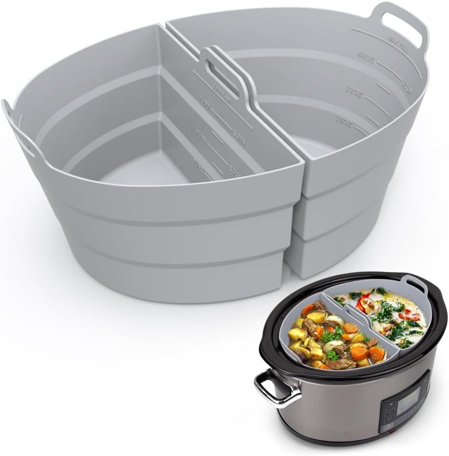 ChefAid Slow Cooker Divider Liners with Handle, 100% Silicone Reusable Slow Cooker Liners Compatible with 6-8 Quart Oval or Round Slow Cooker, Fits 7 Quart Crockpot Liners (Grey, 2 Pack)