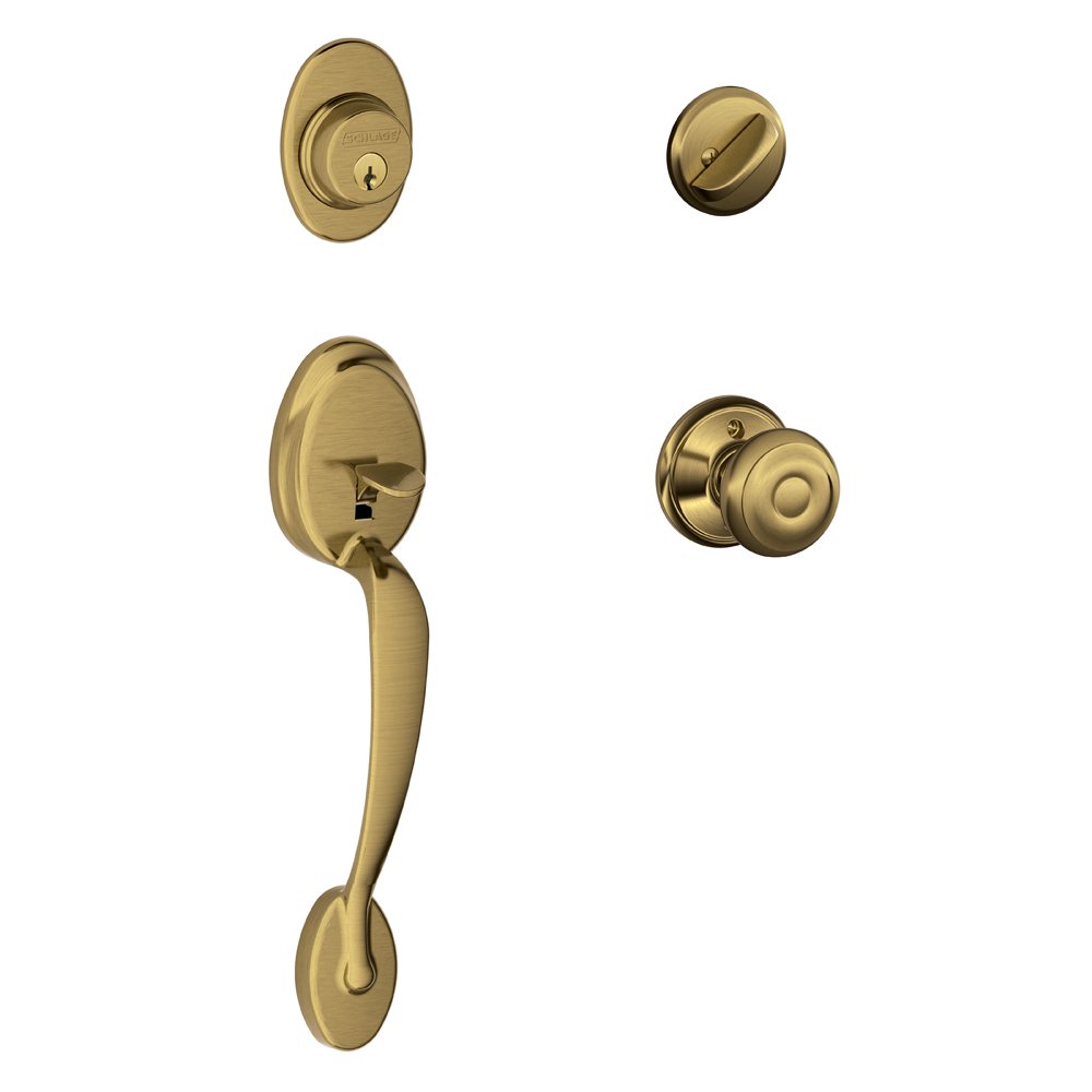 SCHLAGE Plymouth Single Cylinder Handleset and Georgian Knob, Antique Brass (F60 PLY 609 GEO)