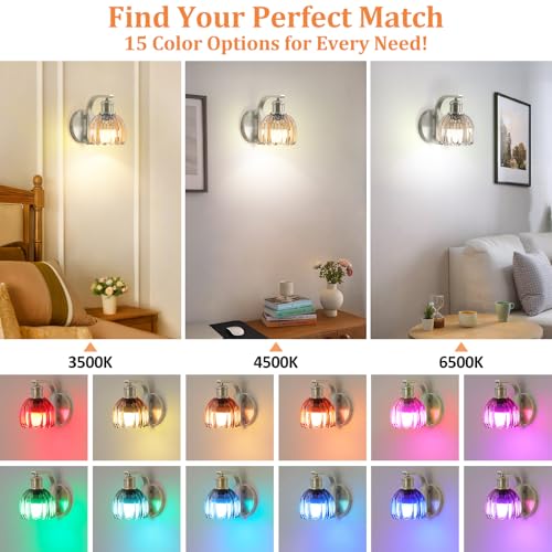 Image of Rechargeable Battery Operated Wall Sconce Set of Two with Amber Glass Lampshade, Wireless Wall Scone Decor with Remote Control, 15 Colors Brushed Nickle Wall Light for Bedside Hallway Bedroom Doorway