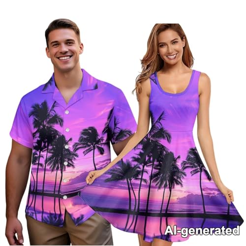 Image of Hawaii Matching Couple Outfits Husband and Wife Clothing Fashionable Mens Casual Shirts Hawaii Dress with Soft Fabric