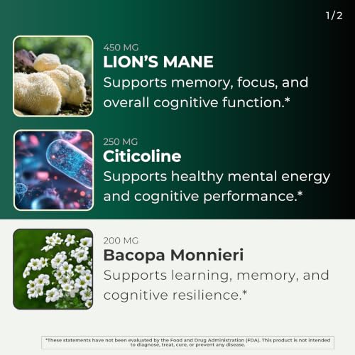 Image of Sharper Memory Brain Supplement for Memory & Focus | Nootropic Formula for Brain Wellness with Lion's Mane, Citicoline, Bacopa, PQQ, Resveratrol & Probiotics | 60 Capsules