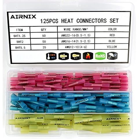 AIRNIX 125pcs Heat Shrink Butt Connectors Terminals, Heat Shrinkable Butt Connectors, Water and Vibration Proof, Corrosion Free, Gauge Range(22-10 AWG) for Industrial Applications Cover