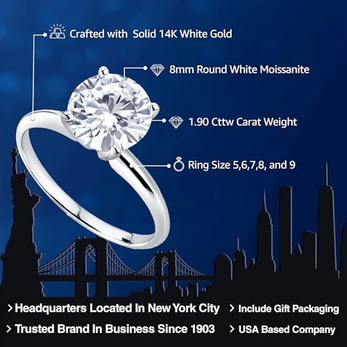 Gem Stone King 14K White Gold White Moissanite Solitaire Engagement Ring for Women | 1.90 Cttw | Round 8MM | Available In Size 5, 6, 7, 8, 92