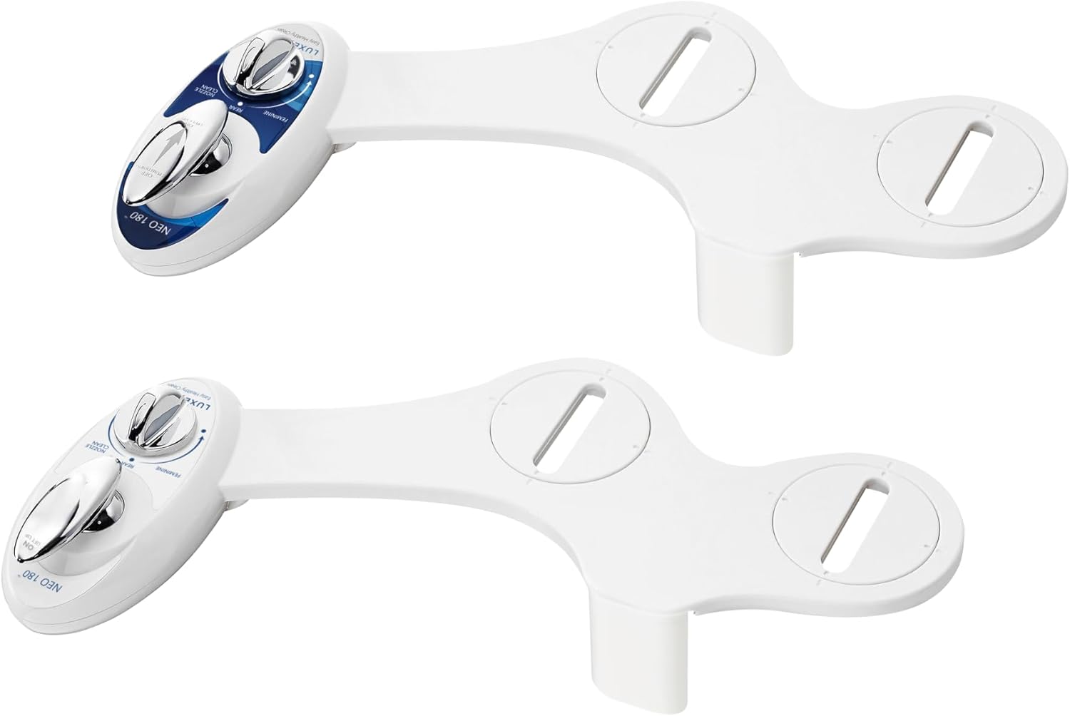 LUXE Bidet NEO 180 - Value Pack of 2 - Self-Cleaning, Dual Nozzle, Non-Electric Bidet Attachments for Toilet Seat with Adjustable Water Pressure, Rear and Feminine Wash, Lever Control (White and Blue)