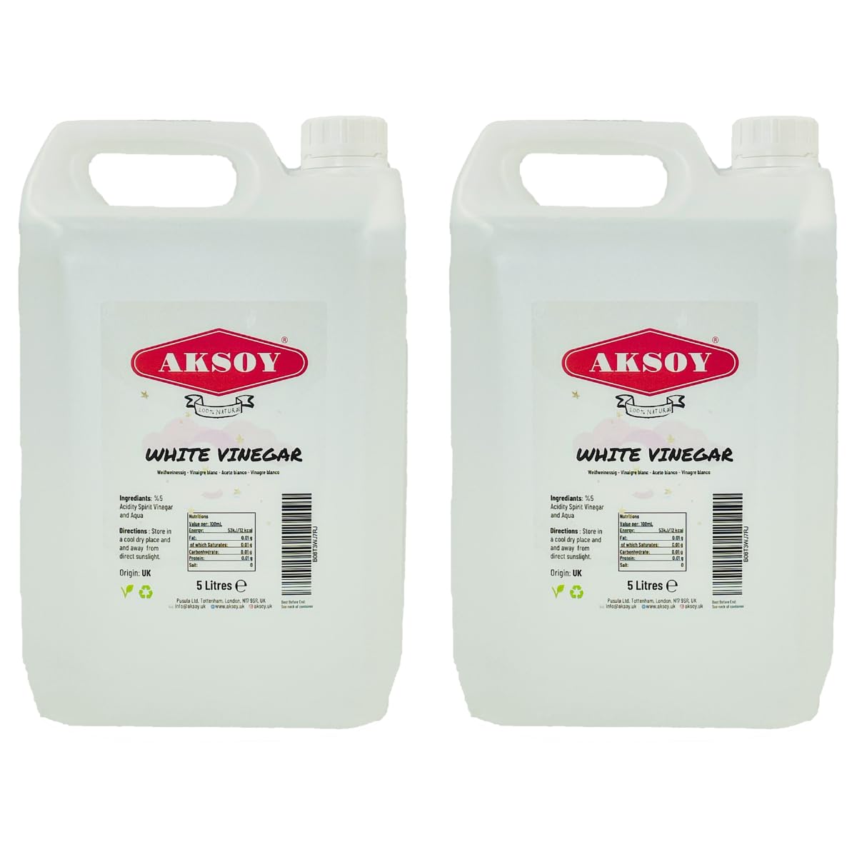 Aksoy White Vinegar 10L (Pack of 2x5L) | Multi-Purpose Vinegar for Cleaning, Pickling, Marinating, Cooking, Weed Control, Descaling & General Household Use