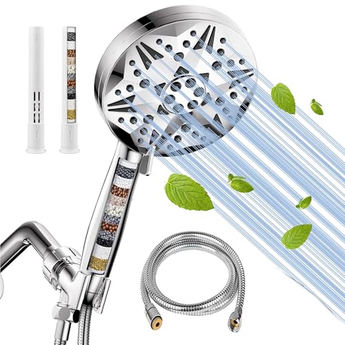 ALYCABER Alcachofa de Ducha de Alta Presión con Descalcificador y Manguera de 1'5 M - 10 Modos de Pulverización para Fresh Baños - Cabezal de ducha Grande - 2 Filtros de repuesto - Shower head