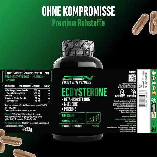 Ecdysteron Komplex - 760 mg pro Kapsel – Mit 90% Beta-Ecdysteron, L-Leucin & Piperin – Hochdosiert & in Premiumqualität - 60 vegane Kapseln