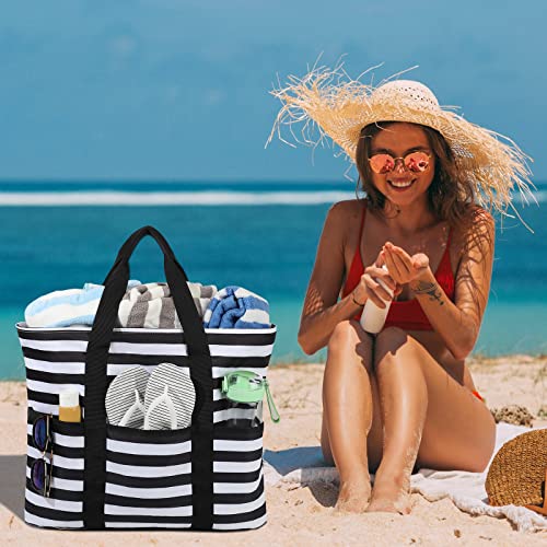 Ledaou Large Beach Tote Bag Women Beach Bag Waterproof Sandproof Zipper Pool Picnic Gym Travel Tote Bag (Black White Stripes) #TOP2