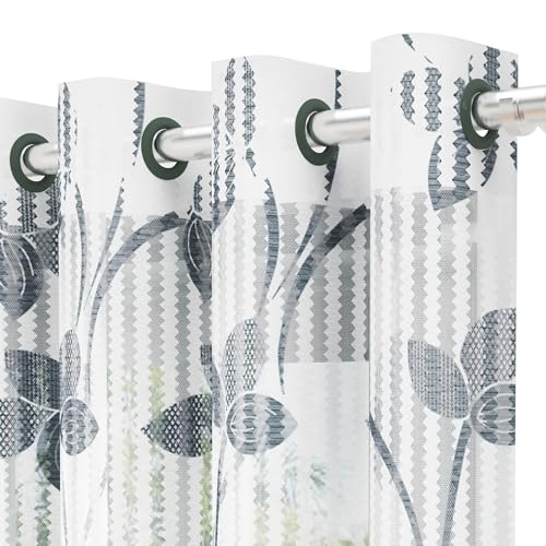 Image of Curtains 7 feet Long Set of 10 | Grey & White Transparent Sheer Curtain | Room Decoration Items for Bedroom | 215 x 118 cm | Leaf Design Door Curtain | | Perfect for Home Decor