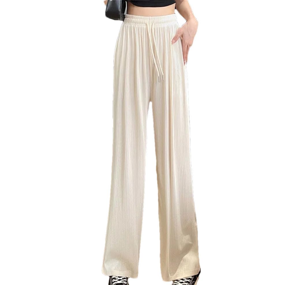 Women High Waist Wide Leg Ice Silk Pants Summer Baggy Straight Trousers Casual Party Pleated Pants