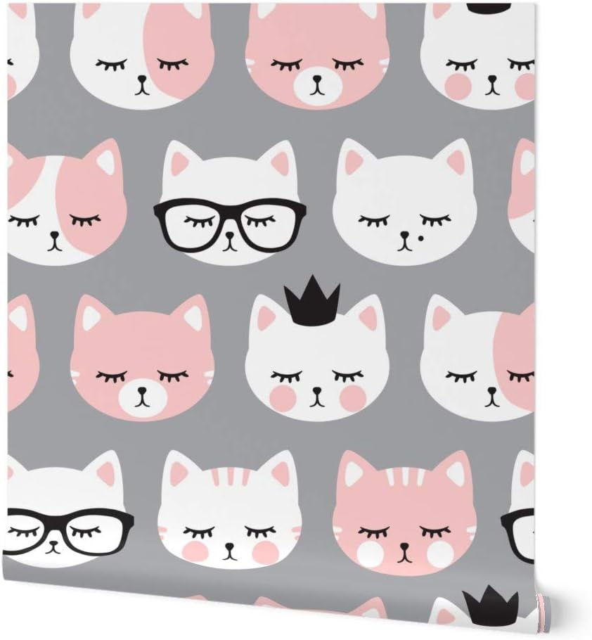 Peel & Stick Wallpaper Swatch Cat Faces Light Pink Gray Heads Lovers