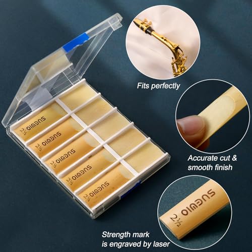 Image of SUEWIO Alto Saxophone Reeds 10 Pack, Strength 2.5, Traditional Alto Sax Reeds with Portable Case, Thinner Reed Tip & Unfiled Cut Design, Reeds for Alto Saxophone Beginners & Students
