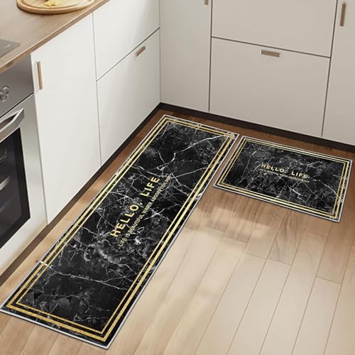 HSGLGNA Kitchen Rugs Runner Set of 2 Anti Fatigue Kitchen Floor Mat for Home Decoration Office Waterproof Non Slip Kitchen Rug Set Comfort Standing Mats (Black Marble