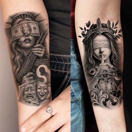 Image of 17 Sheets Robber Gangster Temporary Tattoos For Men Women Adults Chicano Tattoo Sticker, Realistic Our Lady Of Guadalupe Fake Tattoos Cholo Chola Body Art Forearm Half Arm Sleeve Tattoos Jesus Clown
