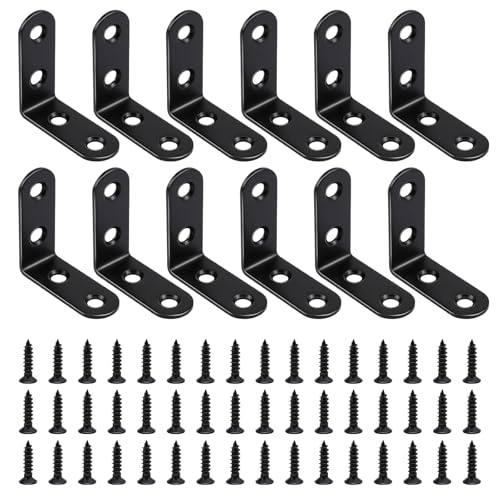 Image of 12 PCS 1.57'' x 1.57'' Stainless Straight Flat Brackets, Black Flat Metal Brace Bracket, Support Flat Metal Brace for Wood Furniture, Mending Plate Connector Joining Bracket for Fence,48 Screws