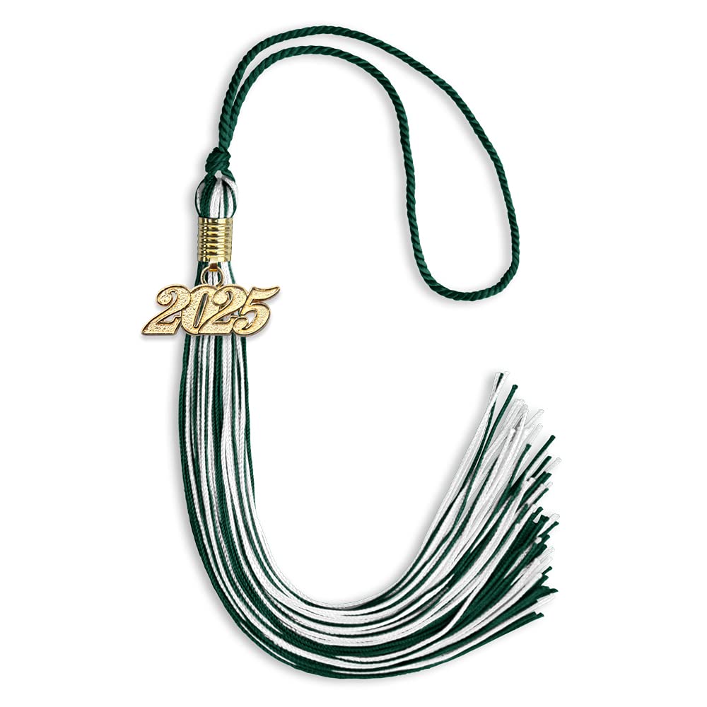 Endea Graduation Mixed Double Color Tassel with Gold Date Drop (Hunter Green/White, 2025)