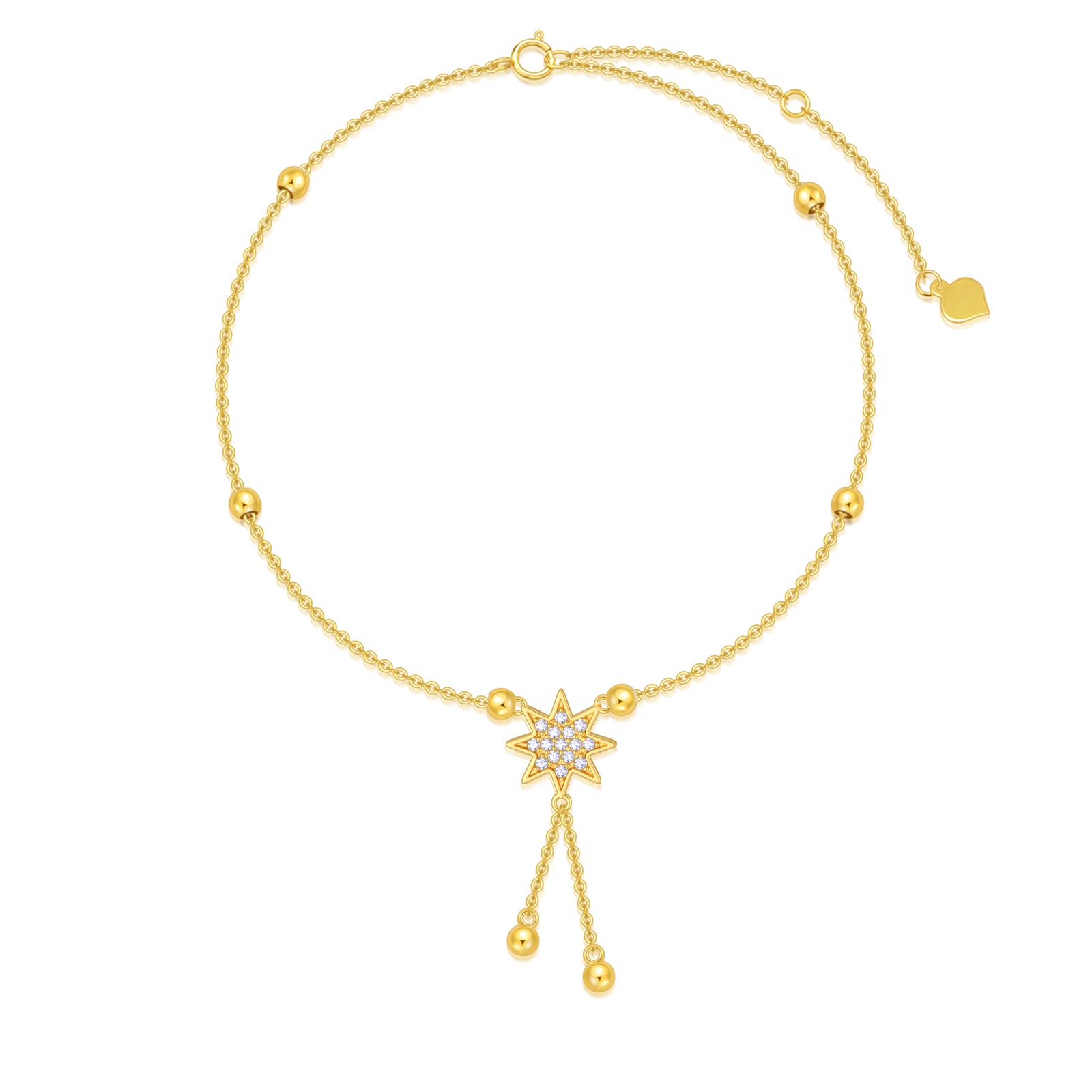14K Solid Gold Star Anklet for Women,Yellow Gold CZ Star Tassel Anklet Beads Station Anklets Foot Li