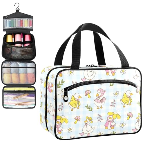 YNNALE Sewing Supply Organizer Bag, Blue and White Plaid Cute Duck Mushroom Portable Sewing Bags with Pockets&Hanger, Sewing Storage Box Case for Sew Supplies/Kit/Tools/Accessories (BAG ONLY)