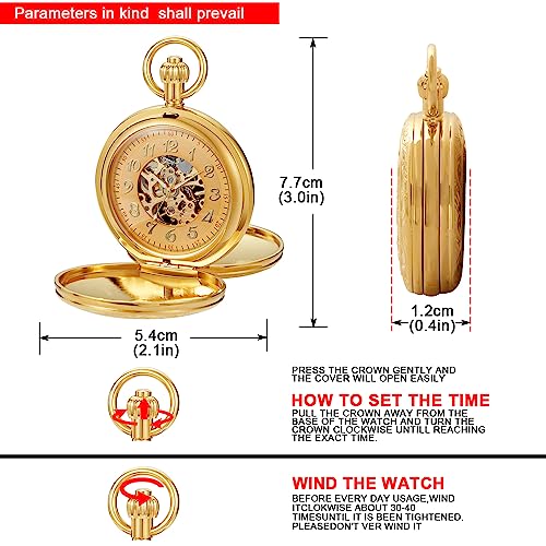 Image of Tiong Men's Luxury Pocket Watch Engraved Phoenix Mechanical Hand Wind Double Hunter Pocket Watches with Chain & Box Gifts for Father's Days
