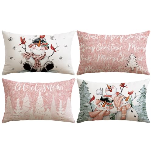 Image of JOTOM Christmas Cushion Covers 30x50 cm Set of 4 Snowman Xmas Trees Decorative Throw Pillow Covers Sofa Merry Christmas Cushion Cases Winter Holiday Decoration for Home Couch Bed Decor (Pink)
