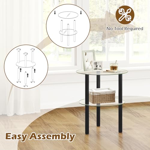 Image of GIANTEX Round End Table, 2-Tier Sofa Side Table with Clear Tempered Glass Top & Shelf, Small Accent Table with Solid Rubber Wood Legs for Living Room Bedroom Home Office (Black & Clear)