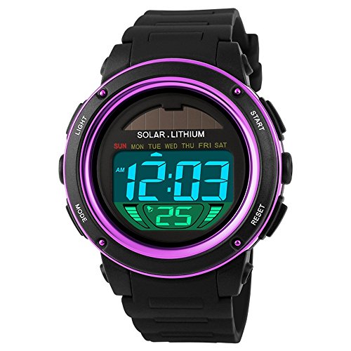 TONSHEN Multifunction Waterproof Outdoor Sport Watch LED Digital Electronic Army 50M Water Resistant Rubber Strap Plastic Case Stopwatch Date Calendar Alarm Military Watch for Men Women - Purple
