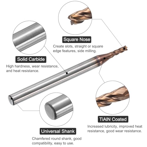 Image of uxcell Carbide Square End Mill, 1 /16 inch Dia TiAlN Coated 4 Flutes Milling Bit Cutter, for Hardened Steel Stainless Steel Alloy Metal, 1 /8 inch Shank 3 /16 inch Cut Length 1-1 /2 inch Long HRC55