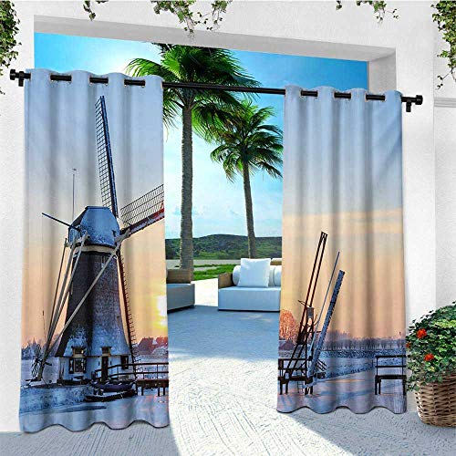 leinuoyi Windmill, Outdoor Curtain Extra Wide, Frozen Winter View Dutch Windmill Covered in Snow ICY River at Sunset, for Gazebo W120 x L108 Inch Baby Blue and Peach
