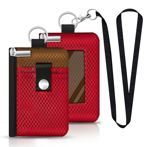 Image of Minimalist RFID Blocking Small Wallet with ID Window,WaterResistant Zip Id Case Wallet with Lanyard Keychain for Cards,Cash,Travel,Women,Men (Red /Brown)