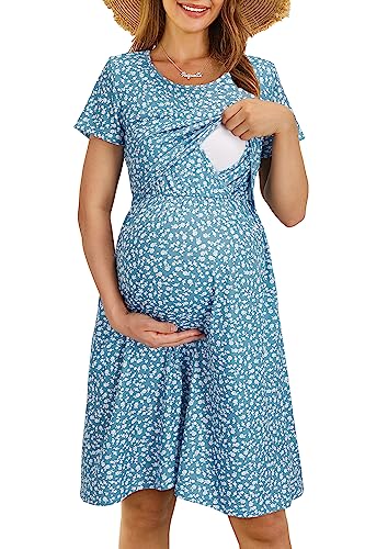 Image of OUGES Womens 2025 Short Sleeve Summer Floral Maternity Dresses Nursing Gown Breastfeeding Clothes